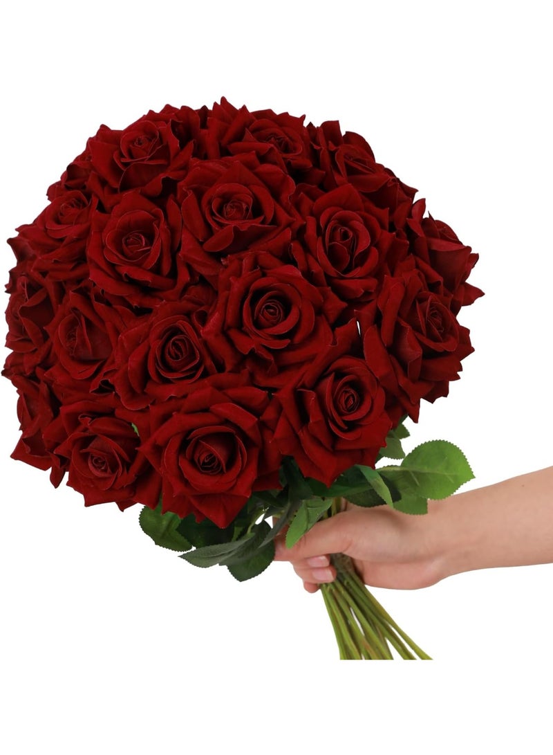 12pcs Artificial Roses Velvet Flowers with Long Stem Fake Roses Bouquet DIY for Home Garden Wedding Decor (Dark Red) - Image 1